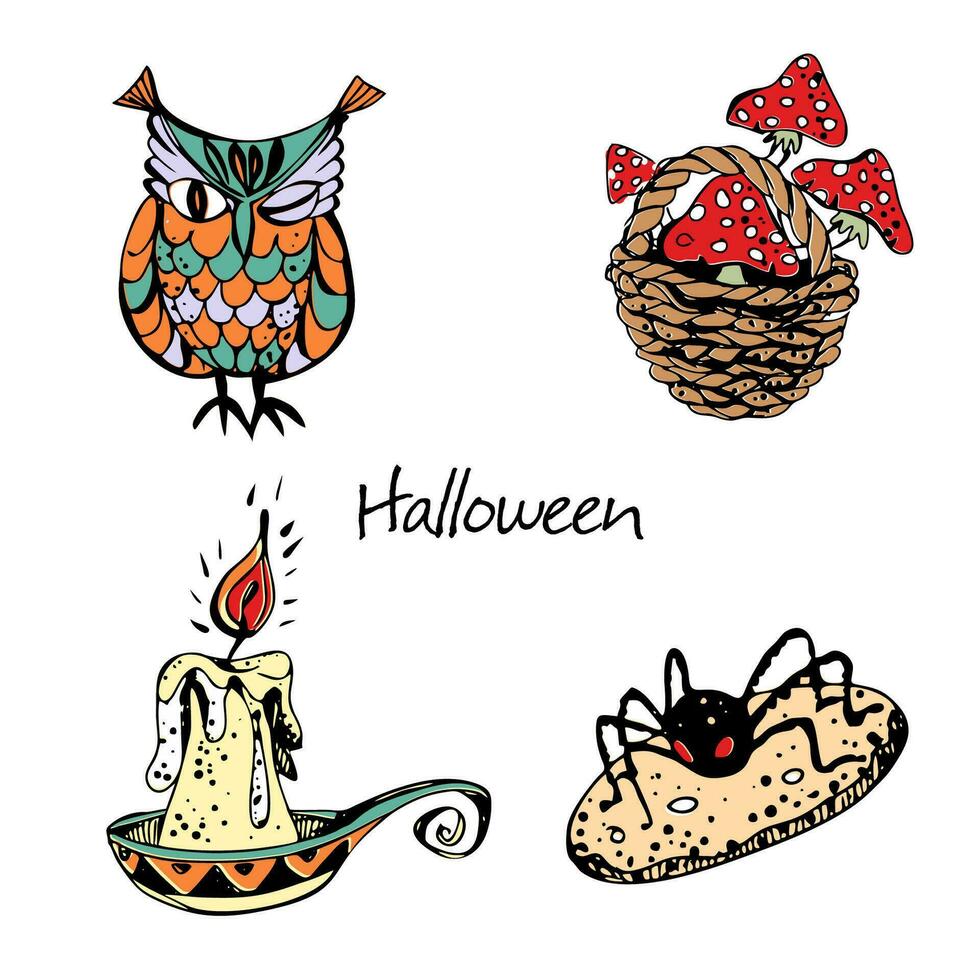 decoratief elementen voor halloween. een kaars en opnieuw, een mand van paddestoelen en koekjes. vector