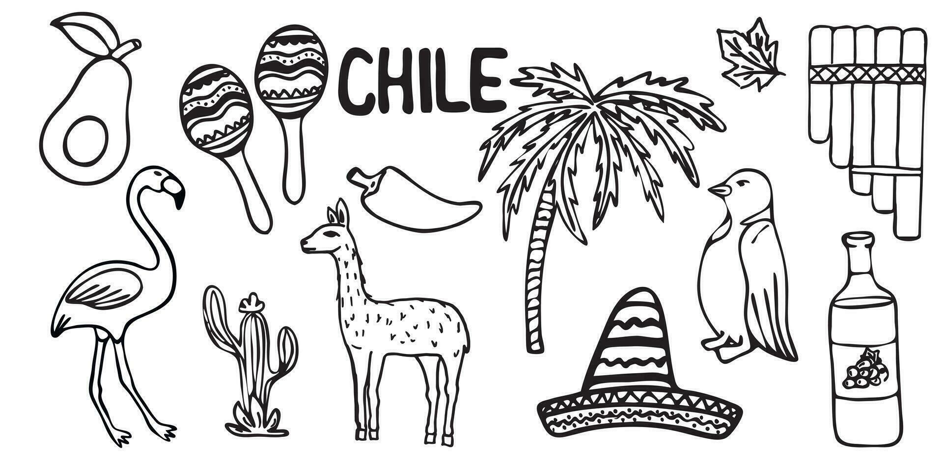 symbolen van Chili. vector illustratie. maracas, flamingo's, avocado, peper, wijn,palm, cactussen, sombrero, lama. geïsoleerd Aan een wit achtergrond. tekening.