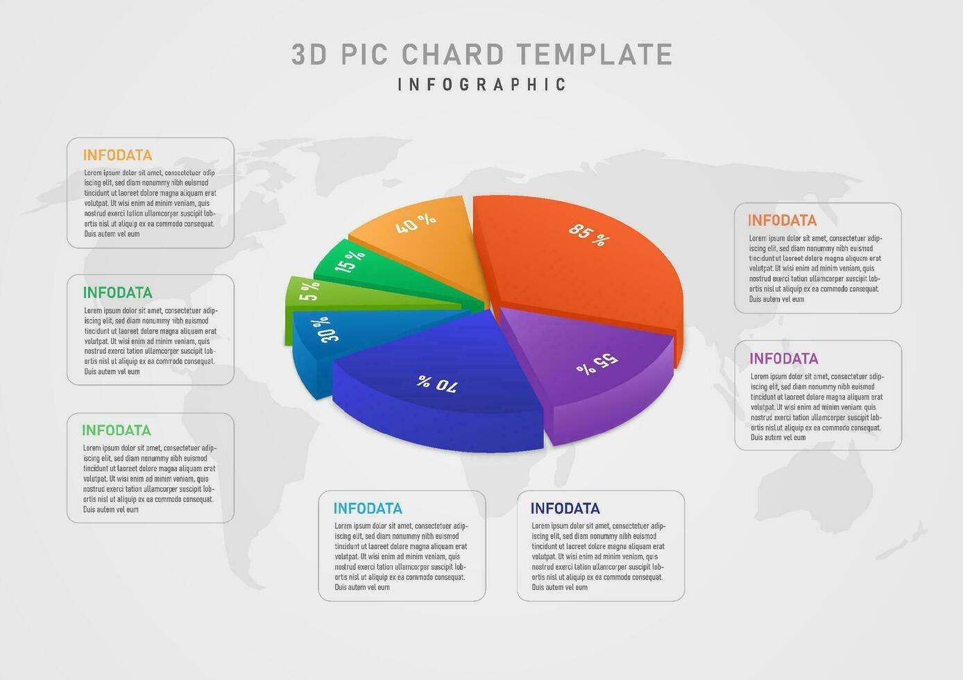 3d infographic taart tabel de cirkel is verdeeld in veelkleurig segmenten. Daar is een wit percentage aantal bovenstaande. de links en Rechtsaf hebben een kader en de brief in de centrum hieronder heeft een kaart. vector