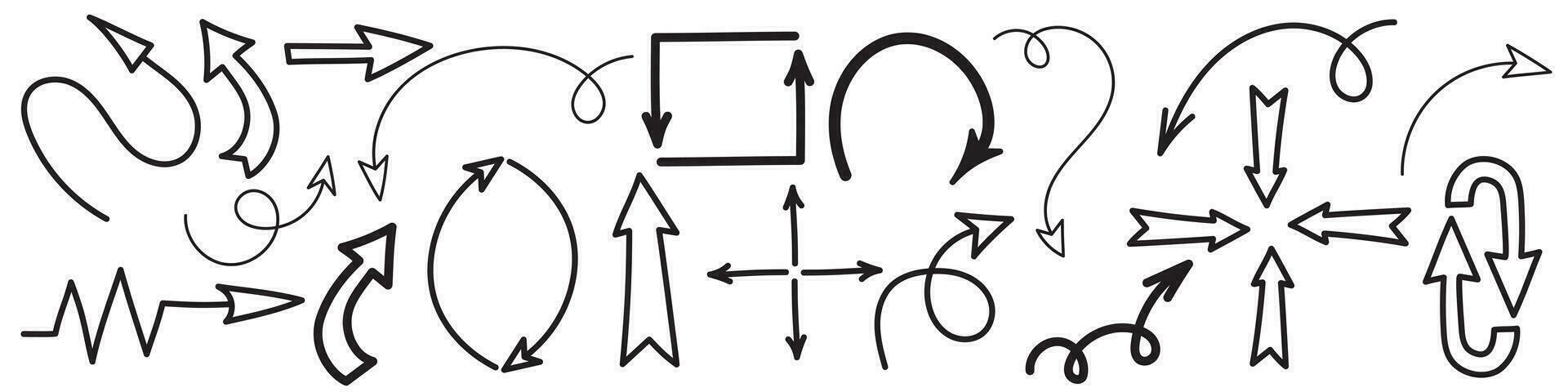gebogen pijlen. reeks van vector hand- getrokken pijlen. verzameling van aanwijzingen.