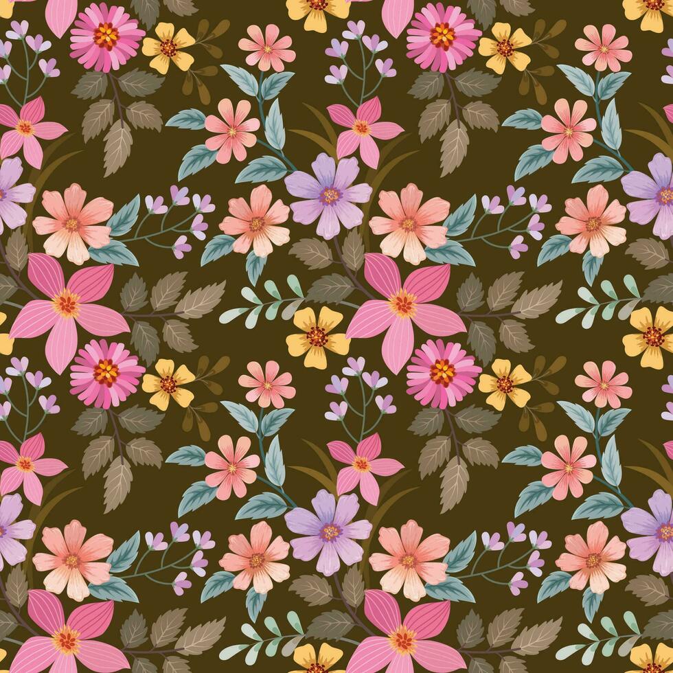 kleurrijk bloemen met blad Aan bruin kleur achtergrond naadloos patroon. vector