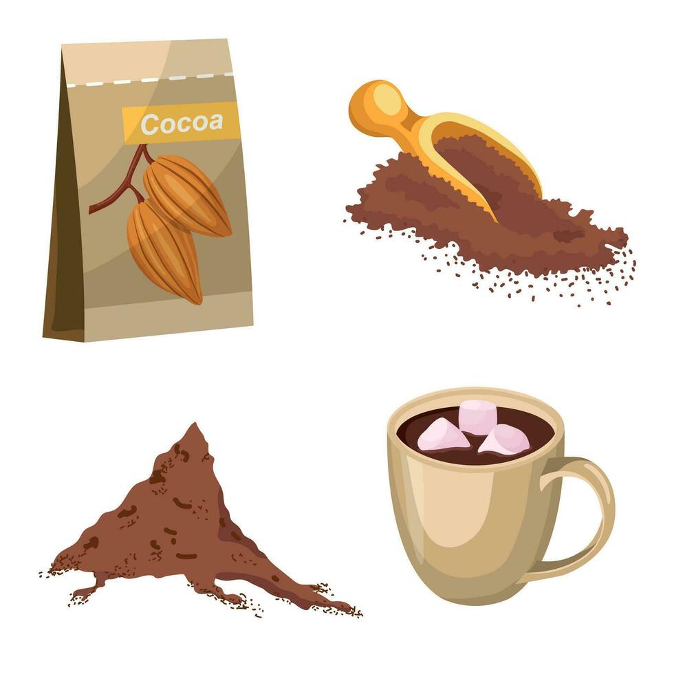 een reeks van cacao, grond cacao in een tas, heet cacao in een beker. vector illustratie.