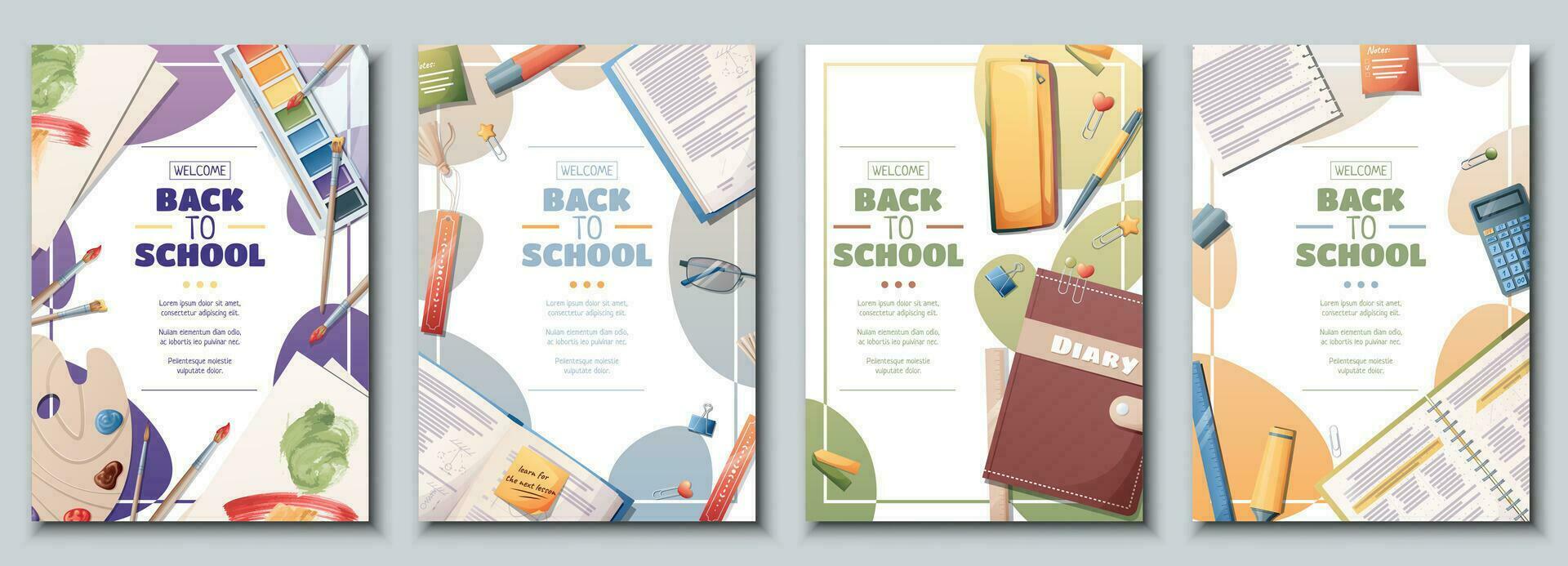 reeks van school- spandoeken, flyers met studieboeken, boeken, potloden, pennen. terug naar school, leraar dag, liefde van kennis. achtergrond, poster met school- benodigdheden, briefpapier. vector