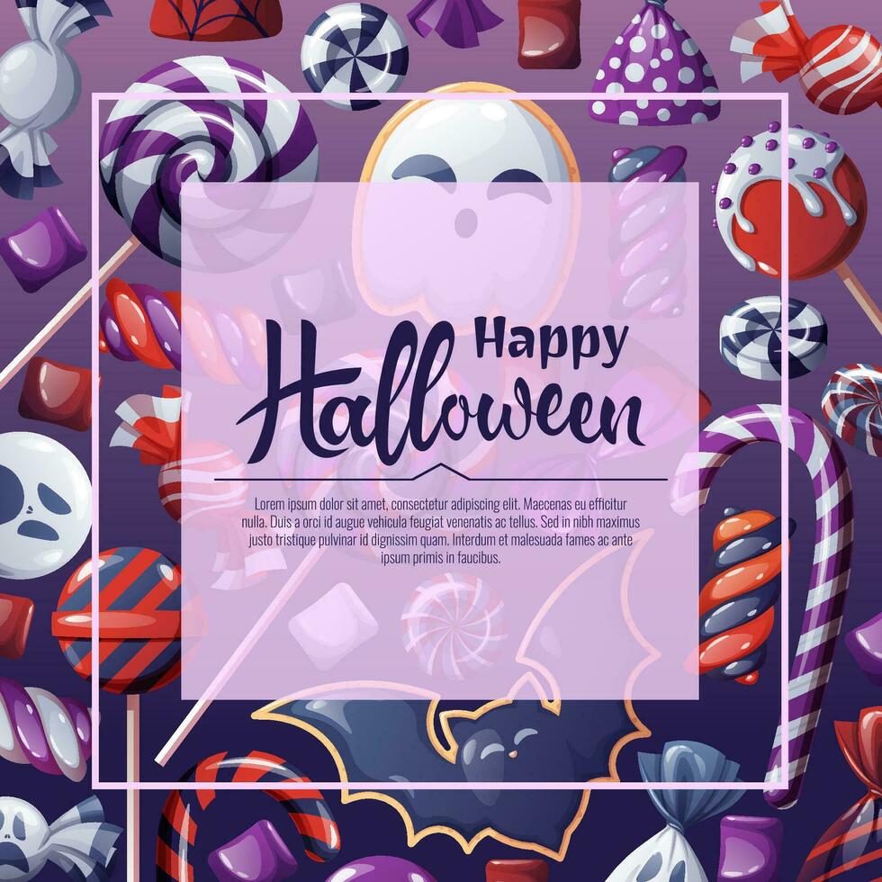 vector achtergrond voor halloween uitnodiging of groet kaart. vakantie uitnodiging truc of traktatie. poster, banier met geest en knuppel koekjes, spookachtig snoepjes, snoepgoed, koekjes, lolly.