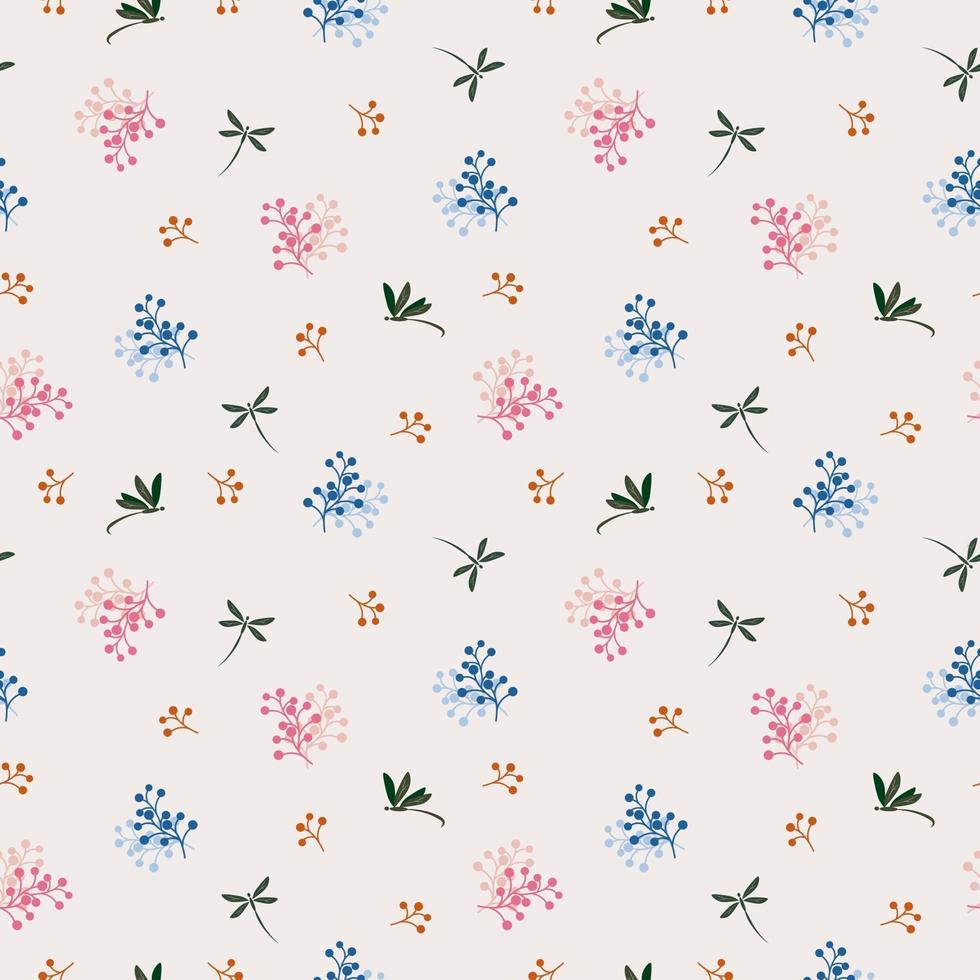 wilde bloem met libel naadloos patroon op blauwe en roze stemming vector