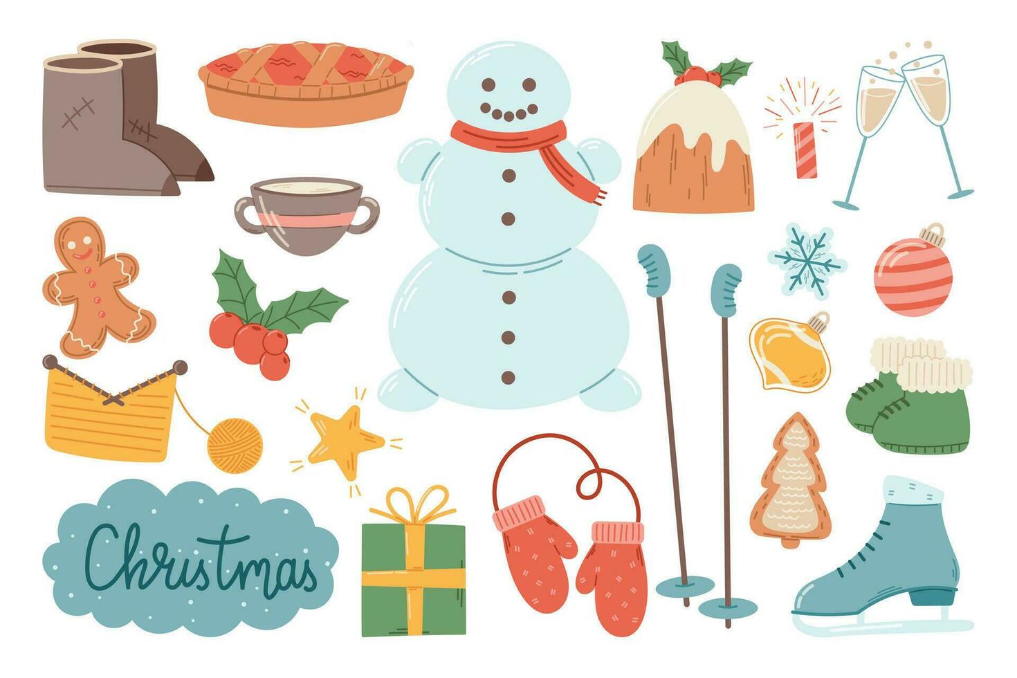 reeks van tekenfilm vector winter vlak stickers. Kerstmis snoepgoed, decoraties en accessoires.