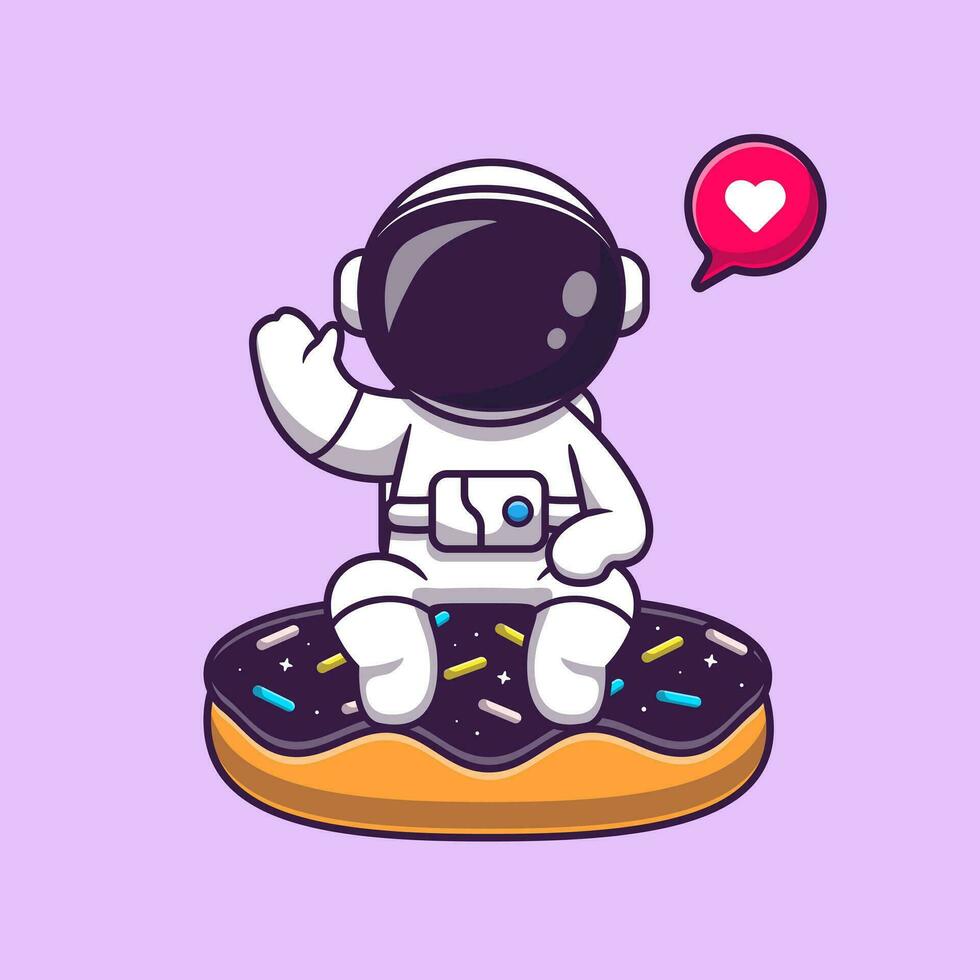 schattig astronaut zittend Aan donut ruimte tekenfilm vector icoon illustratie. wetenschap voedsel icoon concept geïsoleerd premie vector. vlak tekenfilm stijl
