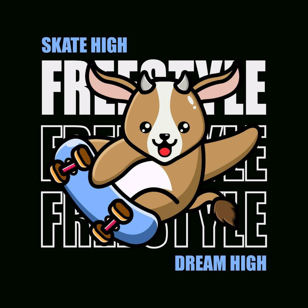t-shirt ontwerp vleet hoog droom hoog met schattig dier rijden skateboard vector