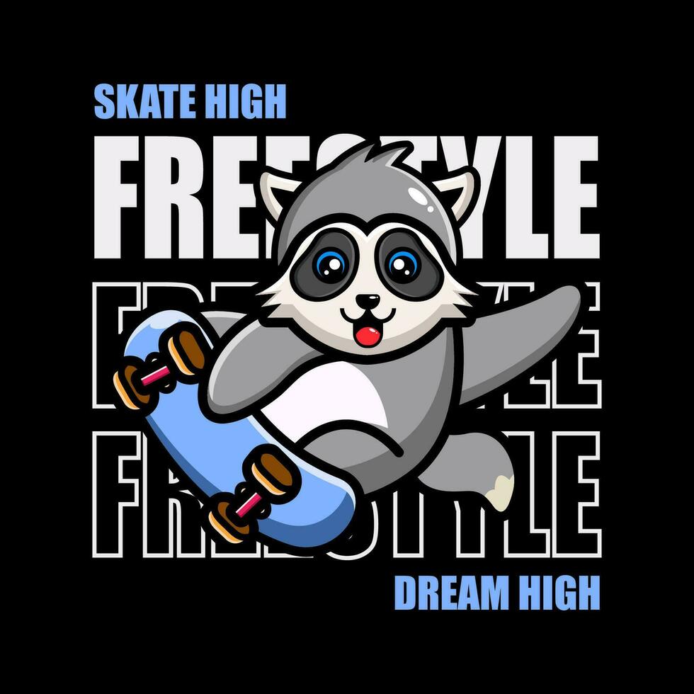 t-shirt ontwerp vleet hoog droom hoog met schattig dier rijden skateboard vector