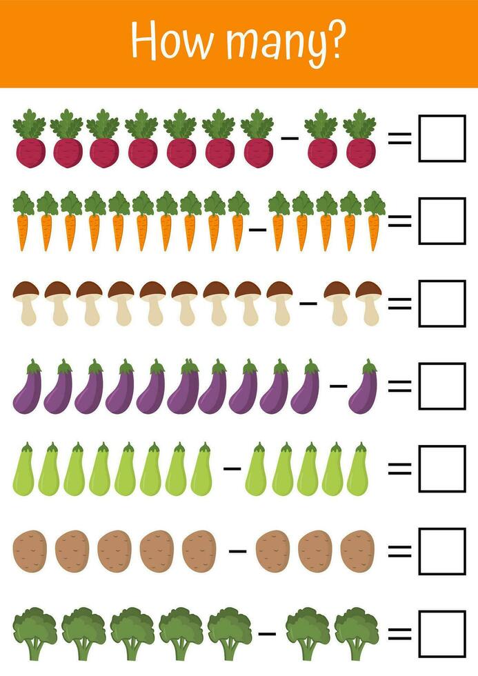 vector kleurrijk wiskunde werkbladen, toevoeging, aftrekken, en wiskundig spellen. ideaal voor vroeg kind ontwikkeling, peuter- onderwijs. groenten en fruit wiskundig lijsten. tellen hoe veel spel.