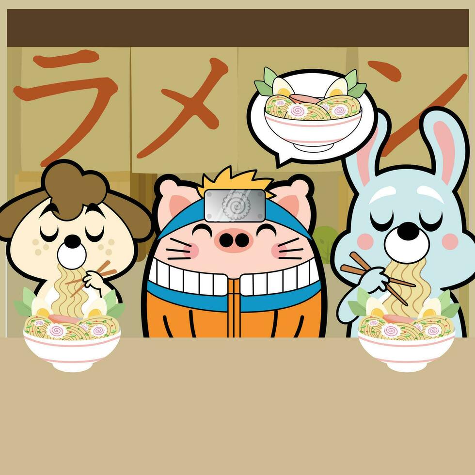 dieren eten ramen voedsel vrij vector illustraties