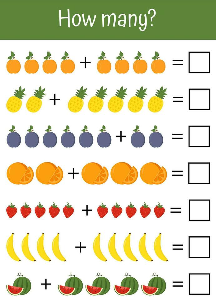 groenten en fruit wiskundig lijsten. tellen, hoe veel spel. geschikt voor vroeg kind ontwikkeling en thuisonderwijs, vroeg kind ontwikkeling, kleuterscholen. interactief, kleurrijk wiskunde opdrachten. vector