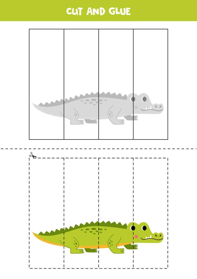 besnoeiing en lijm spel voor kinderen. schattig groen krokodil. vector
