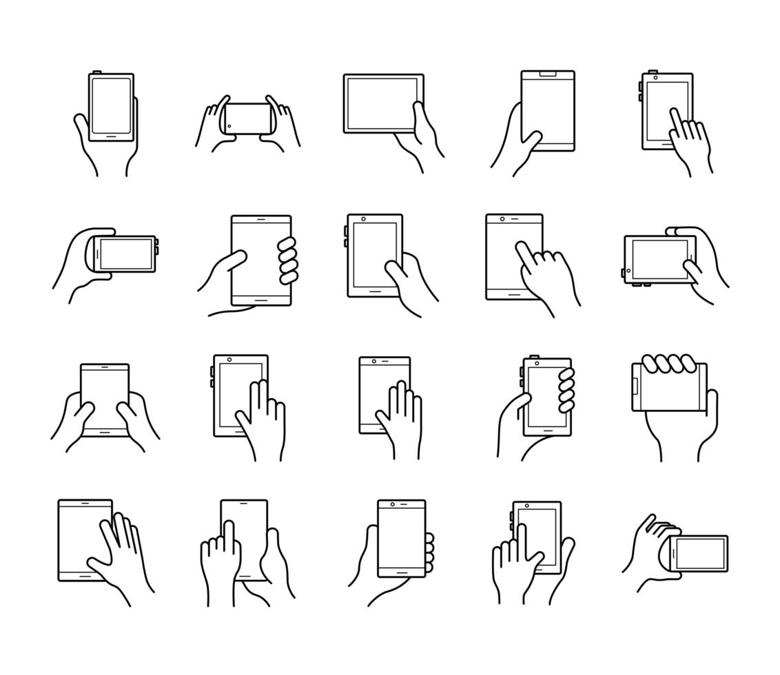 bundel van handen en smartphones stel pictogrammen vector