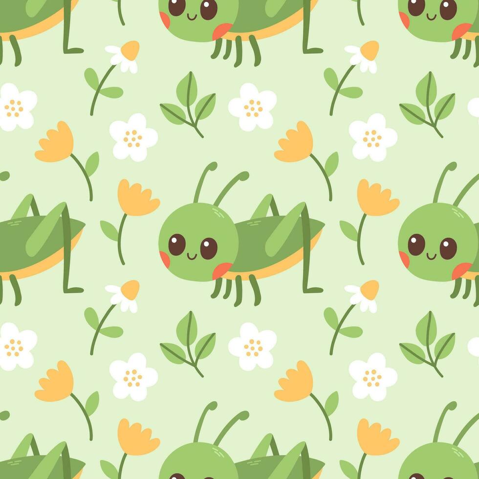 naadloos patroon van sprinkhaan, bloemen en groen blad Aan groen achtergrond vector illustratie. schattig hand- getrokken bloemen patroon. vector illustratie