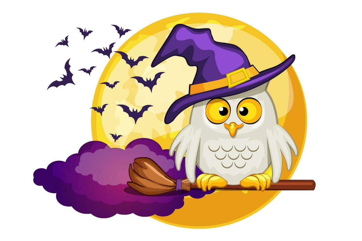 schattig uil in een Purper heks hoed met een nacht maan achtergrond met vleermuizen. gelukkig halloween poster, groet kaart, ansichtkaart. vector illustratie in tekenfilm stijl