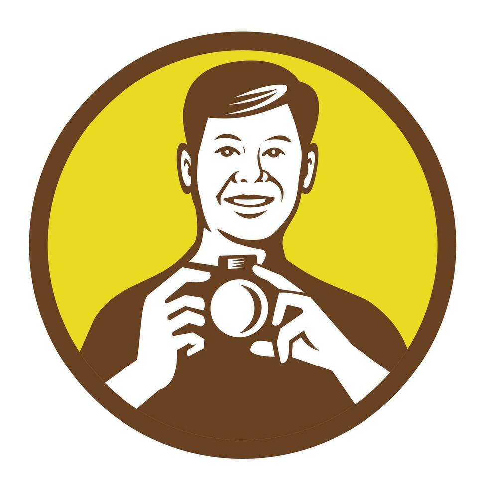 homo Aziatisch fotograaf Holding digitaal camera retro stijl vector