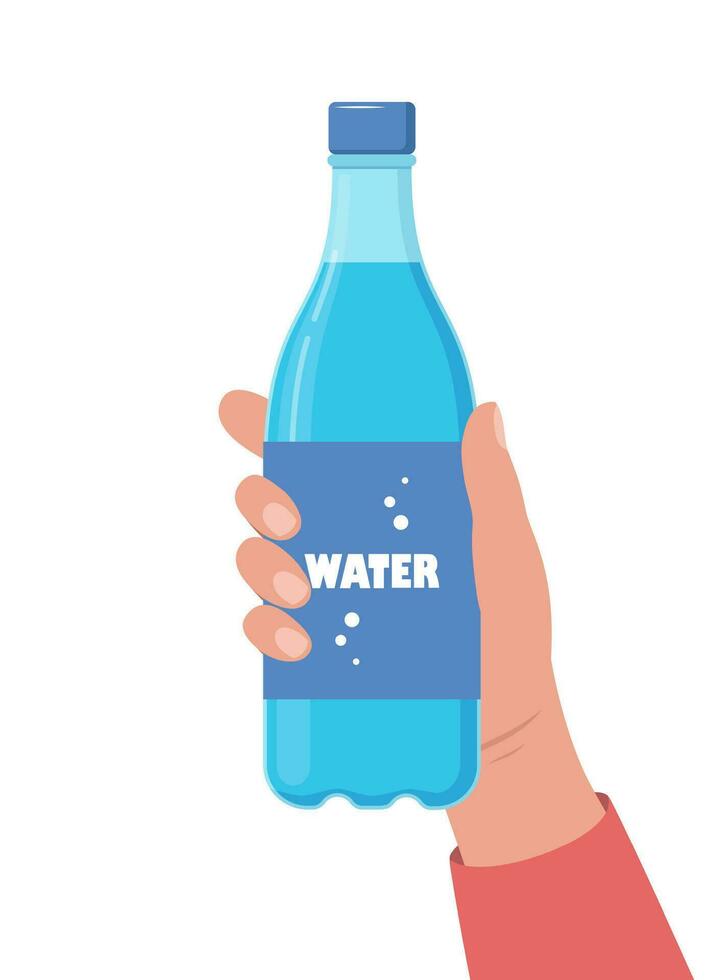 hand- Holding fles van water. drinken meer water concept. vector illustratie.