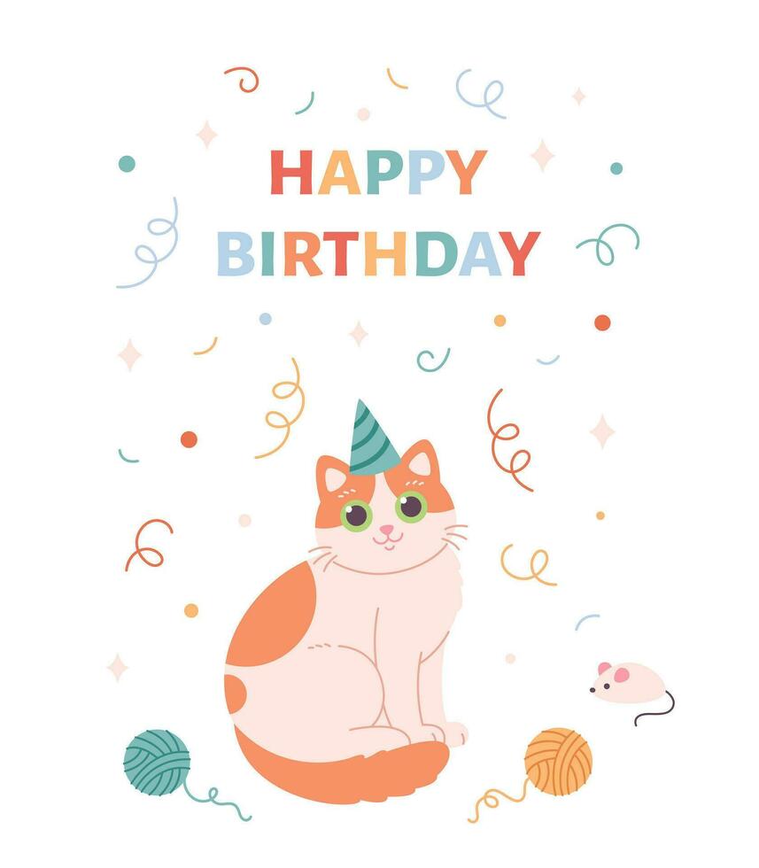 gelukkig verjaardag groet kaart met schattig kat in partij hoed. partij, viering, confetti. vector