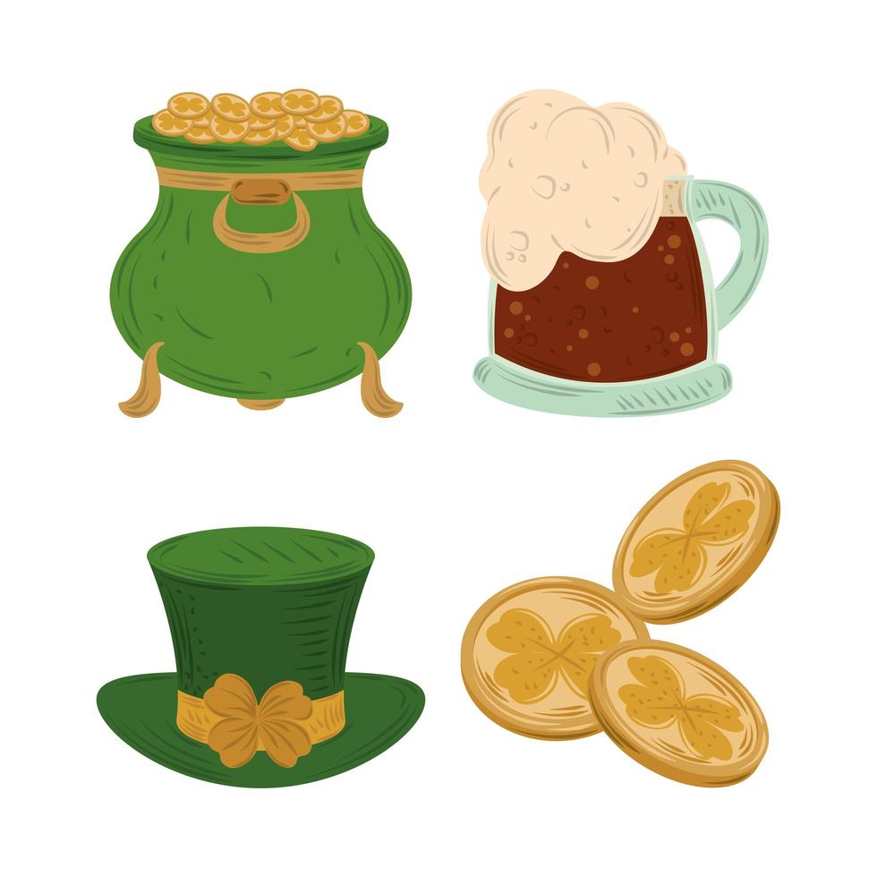 happy st patricks day pictogrammen ketel bier hoed en munten platte vector