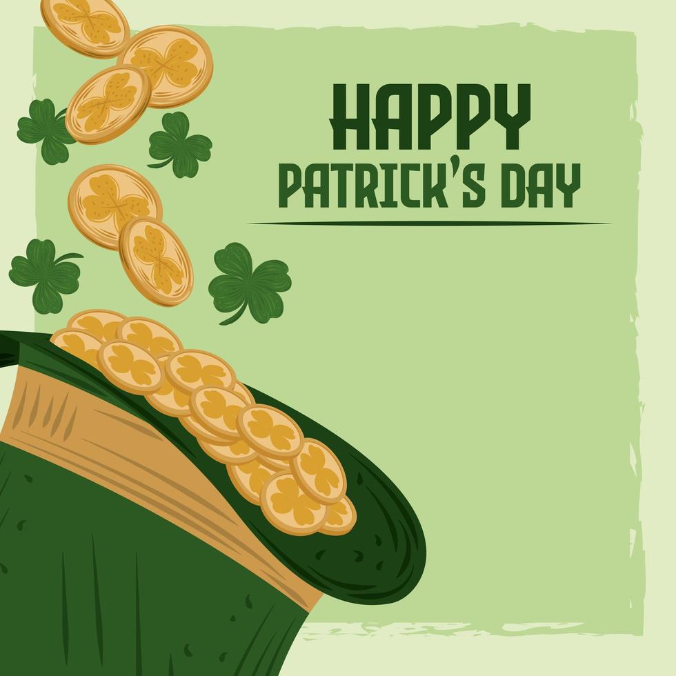 happy patricks day wenskaart kabouter hoed met munten en klavers vector