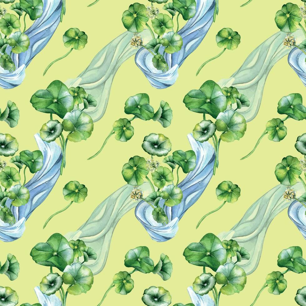 centella asiatica kruiden planten en Golf waterverf naadloos patroon geïsoleerd Aan beige. waternavel, ik heb je kola water vorm geven aan, geranium bloem hand- getrokken. ontwerp voor pakket, textiel, inpakken, achtergrond vector