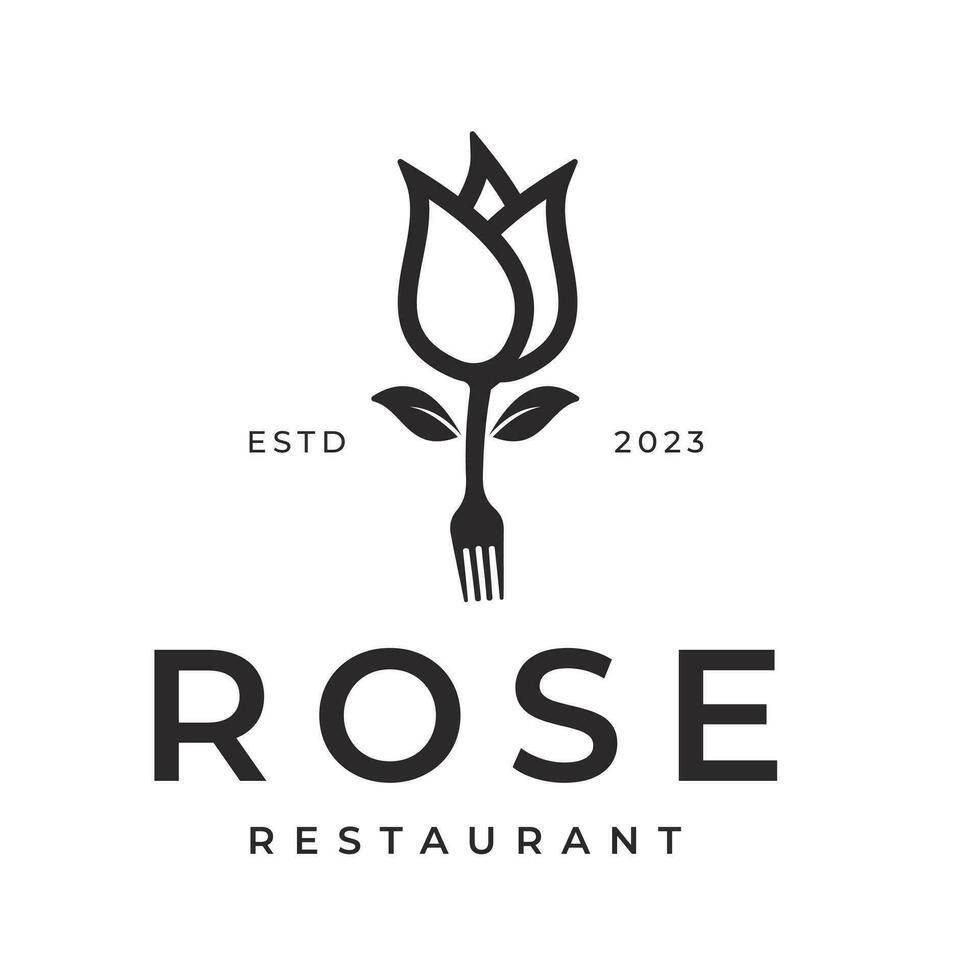 roos bloem inspiratie met vork en restaurant logo ontwerp wijnoogst retro logo ontwerp illustratie vector