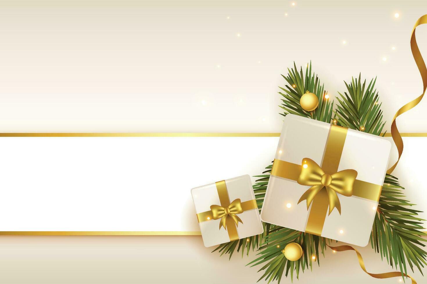 Kerstmis ballen, vakantie cadeaus met gouden boog, Spar boom takken, pijnboom kegels en glimmend sterren. illustratie kan worden gebruikt voor Kerstmis ontwerp, affiches, kaarten, websites en spandoeken. vector