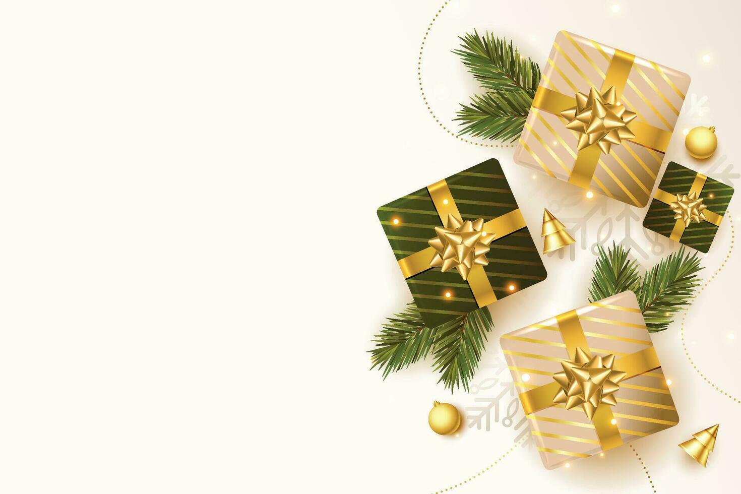 Kerstmis ballen, vakantie cadeaus met gouden boog, Spar boom takken, pijnboom kegels en glimmend sterren. illustratie kan worden gebruikt voor Kerstmis ontwerp, affiches, kaarten, websites en spandoeken. vector