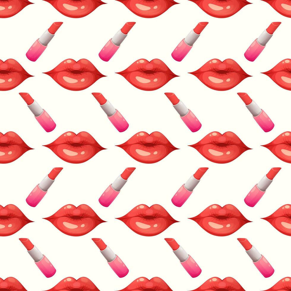 naadloos patroon met rood lippen en lippenstift Aan wit achtergrond. kus, liefde patroon. vector illustratie in tekenfilm stijl, opzichtig vector
