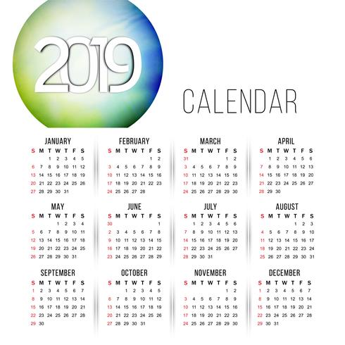Abstract nieuwjaar 2019 kleurrijk kalenderontwerp vector