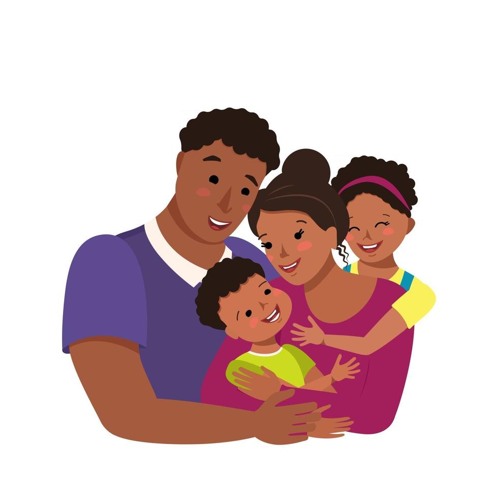 gelukkige afro-amerikaanse familie samen internationale familiedag avatar papa knuffels moeder en kinderen groep mensen vader moeder dochter en zoon vector