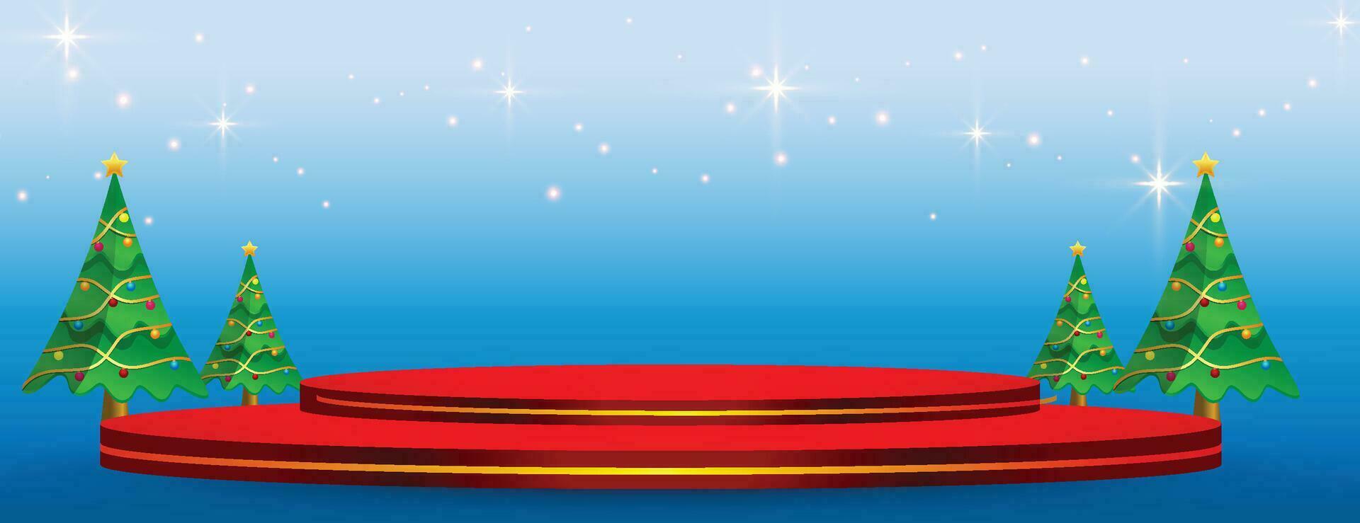 vrolijke kerstbanner met productdisplay cilindrische vorm en kerstboompapier gesneden stijl vector