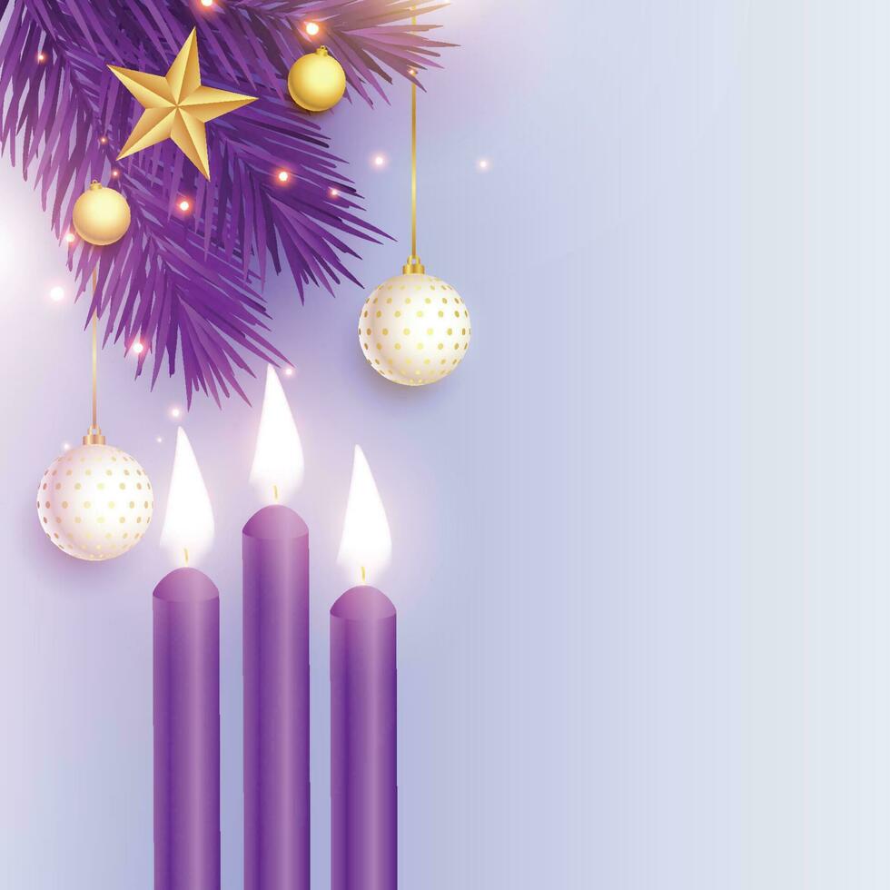 komst Purper kaarsen. Kerstmis kaart. realistisch paars kaarsen versierd met Spar boom takjes. feestelijk vector illustratie.