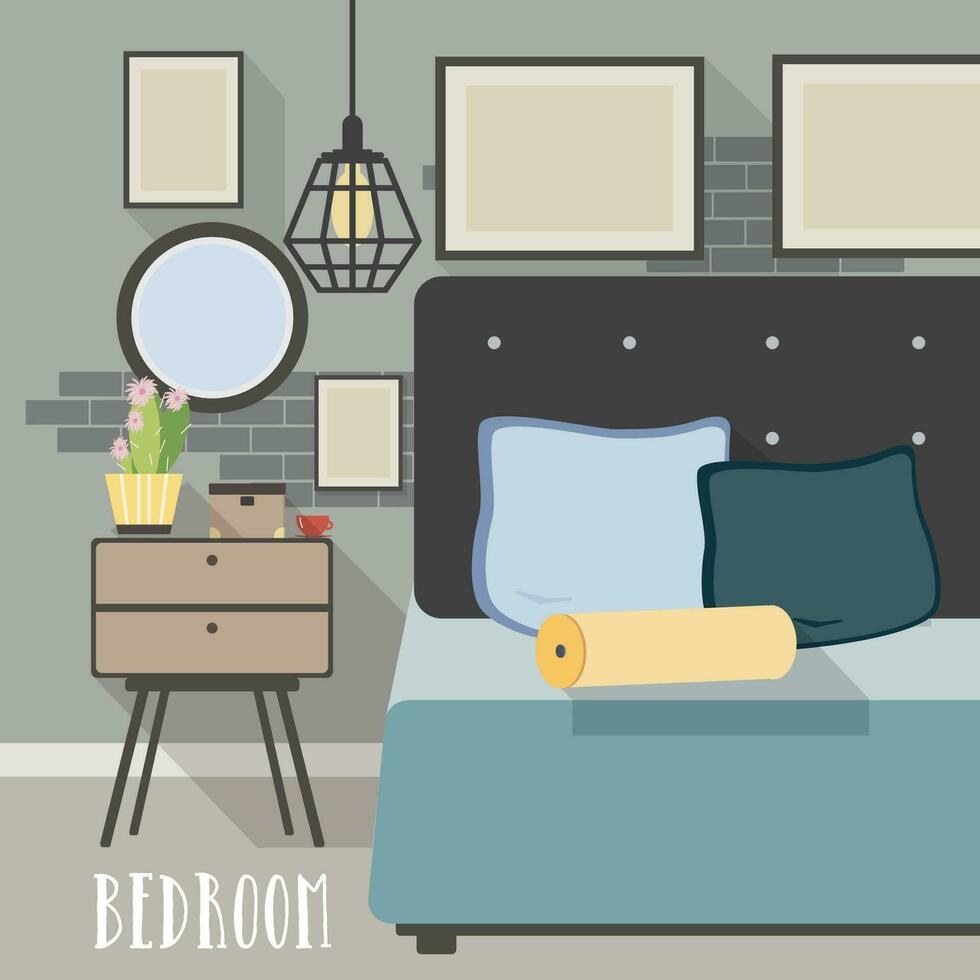 modern slaapkamer interieur in zolder stijl. kleurrijk vlak illustratie. vector