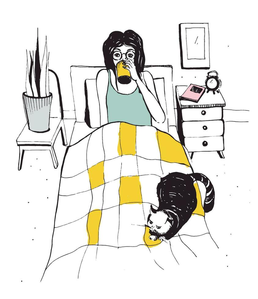 vrouw met kat Aan de bed. vector hand- getrokken illustratie.