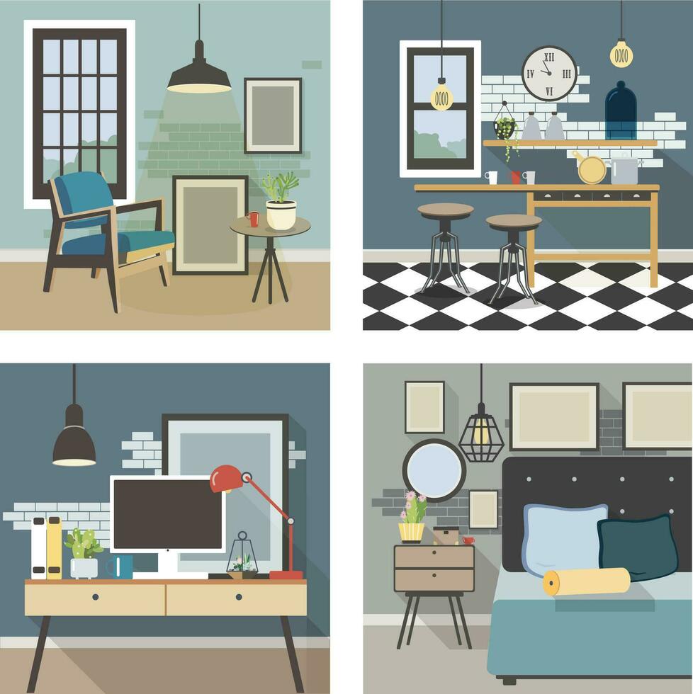 modern interieur set. keuken, slaapkamer, leven kamer, werkplaats in zolder stijl. kleurrijk vlak illustratie. vector