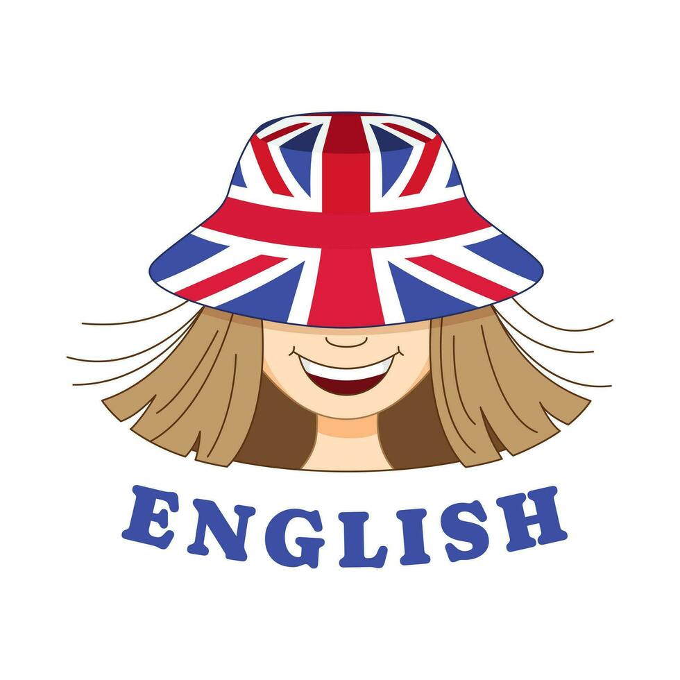 een meisje vervelend een Panama met een afbeelding van de Brits vlag. logo concept voor Engels taal aan het leren school, online cursussen. vector