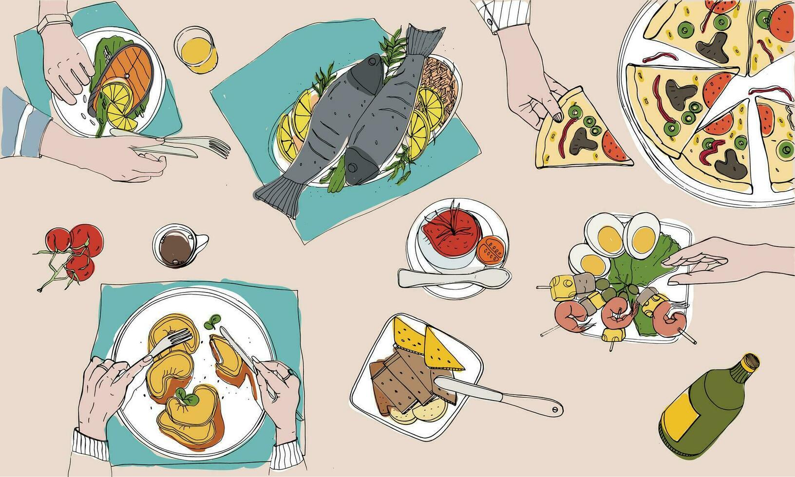 feestelijk feestmaal, gelegd tafel, vakantie hand- getrokken kleurrijk illustratie, top visie vector