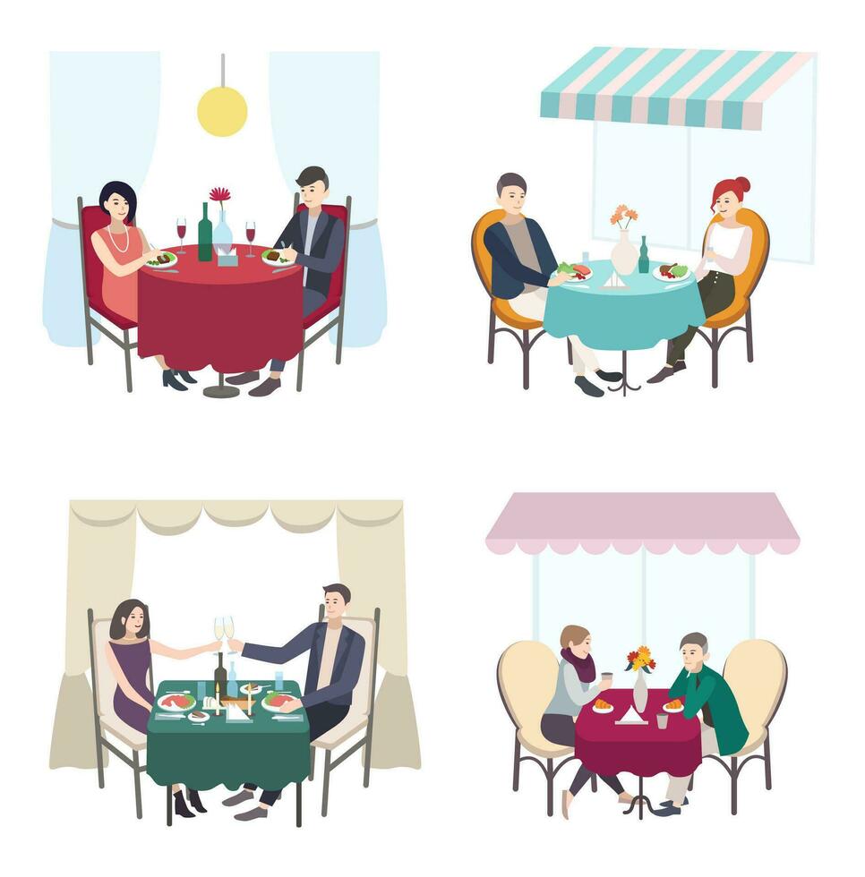 romantisch paar avondeten in cafe, restaurant. reeks van mannen en vrouw datum. verzameling vlak illustratie. vector