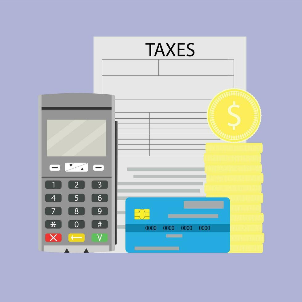 betaaldag en web transactie, terminal credit kaart en belasting het formulier. vector illustratie