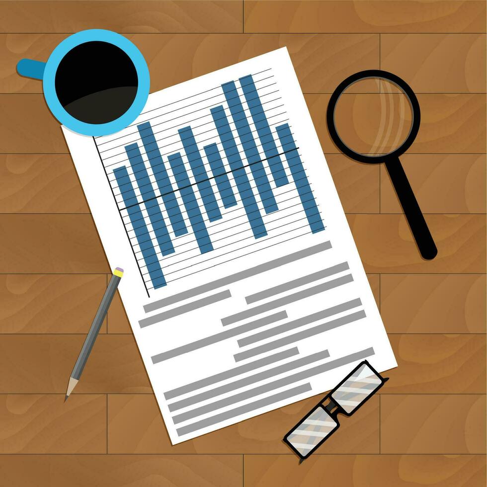 werkplaats met diagram en informatiekaart, verslag doen van presentatie het dossier analyse, vector illustratie