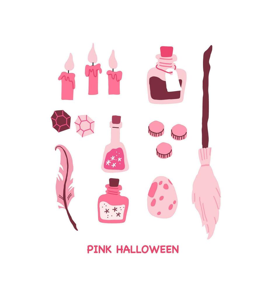 roze halloween vector reeks met kaarsen, magie toverdrank, bezem, munten, draak ei, veerkracht, diamanten. roze afdrukken in vlak stijl. halloween partij symbolen