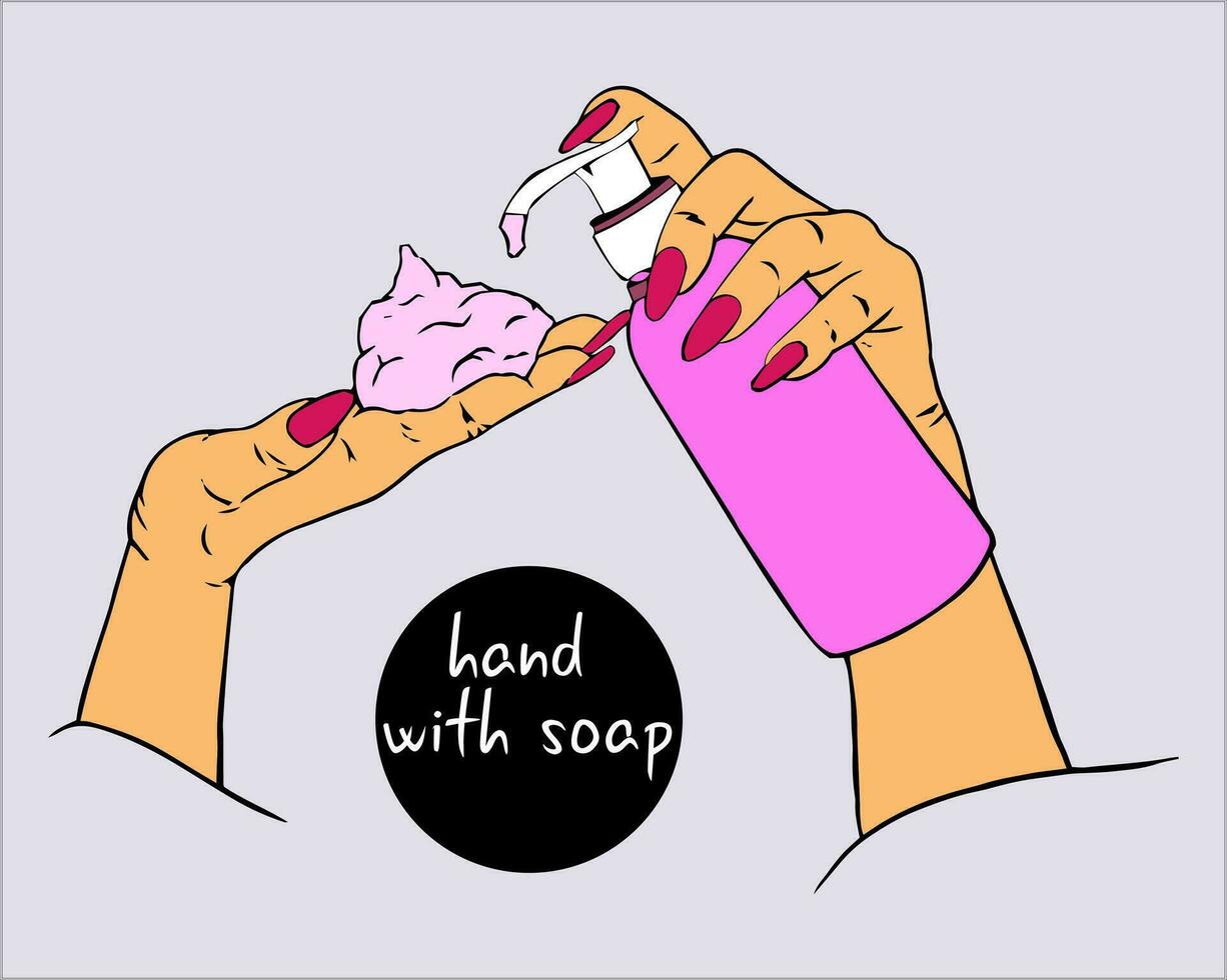 mooi vrouw handen met wit schuim mousse toegepast. fles van shampoo. vrouw hand- duurt wit schuimend mousse van een merkloos pomp fles. Nee gebrandmerkt reinigingsmiddel. hand- met zeep bubbels. vector