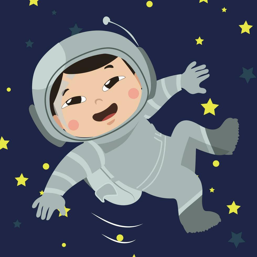 clip art van schattig astronaut jongen drijvend Aan de ruimte met donker blauw lucht en sterren net zo achtergrond. vector