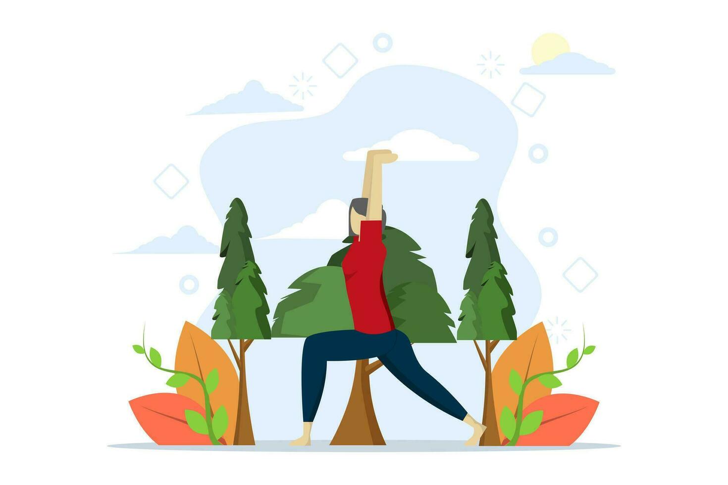 buitenshuis geschiktheid concept, buitenshuis yoga, groep training in park, buitenshuis fitheid, sport levensstijl. vrouw aan het doen yoga in de park. vector illustratie in vlak ontwerp Aan wit achtergrond.