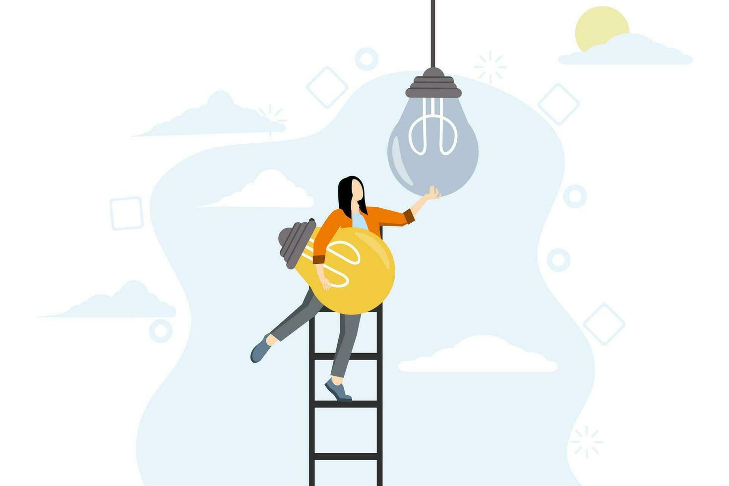 concept van verandering naar nieuw innovatie, transformatie naar nieuw bedrijf, oplossing naar vervangen oud model- met helder technologie, geslaagd ondernemer leider beklimming ladder naar verandering licht lamp idee. vector