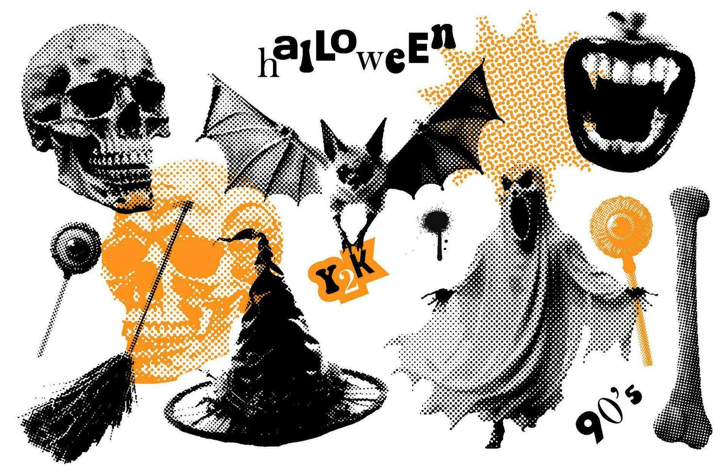 reeks van halftone illustraties voor halloween decoratie in retro offset stijl. groot verzameling met traditioneel elementen - knuppel. schedel. god, zombie oog, heks bezem en hoed. 90s vector illustratie.