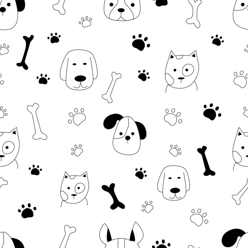 naadloos patroon met schattig muilkorven van honden en katten van verschillend rassen, zwart en wit naadloos grafisch vector illustratie. botten, kijk maar uw poten. Super goed voor kleding stof, textiel vector illustratie