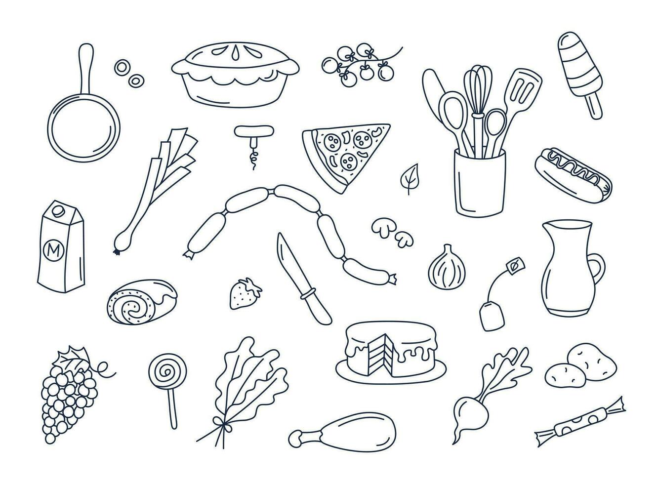culinaire doodles vector reeks van geïsoleerd Koken elementen. tekening illustraties verzameling van gebruiksvoorwerpen, keukengerei, voedsel, maaltijd ingrediënten, keuken voorwerpen. fruit, groenten, bakkerij